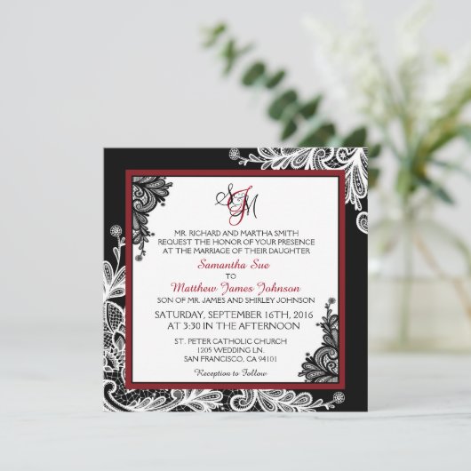 ホワイトレースブラックモダンゴシック結婚式招待状 招待状 (スタンド正面)