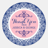 ホワイトレースブルー背景ピンクのアクセントありがとう ラウンドシール (正面)