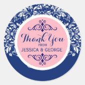 ホワイトレースブルー背景ピンクアクセントありがとう2 ラウンドシール (正面)