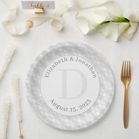 ホワイトレースモノグラムの ペーパープレート (ウェディング)