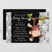 ホワイトレースモンキーベビーガールシャワー 招待状 (正面/裏面)