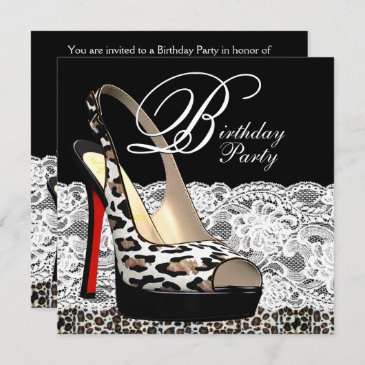 ホワイトレースレッドヒョウバースデーパーティ招待状 招待状 (正面/裏面)