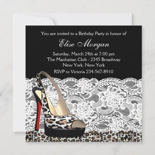 ホワイトレースレッドヒョウバースデーパーティ招待状 招待状 (裏面)