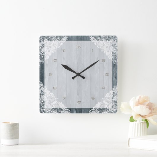 ホワイトレース素朴と風化フェイク木材 スクエア壁時計 (ホーム)