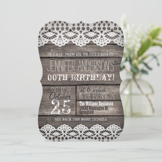ホワイトレース素朴&ブラウンウッド大人10代の誕生日 招待状 (スタンド正面)