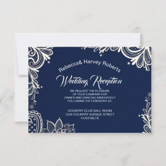 ホワイトレース航海のネイビーブルーウェディングレセプション 招待状 (正面)