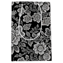 ホワイトレース花模様オンブラック ミディアムペーパーバッグ