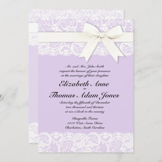 ホワイトレース薄紫パープル結婚式招待状 招待状 (正面/裏面)