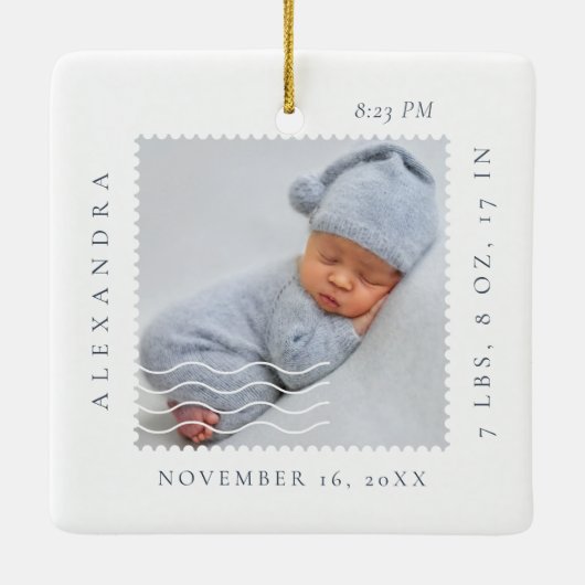 ホワイトレース郵便切手フォトフレーム誕生 セラミックオーナメント (裏面)