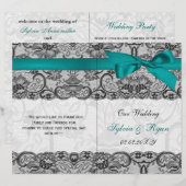 ホワイトレース、アクアリボン本の折り畳み結婚式 プログラム (正面/裏面)