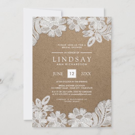 ホワイトレース |クラフト紙ブライダルシャワー招待状 招待状 (正面)