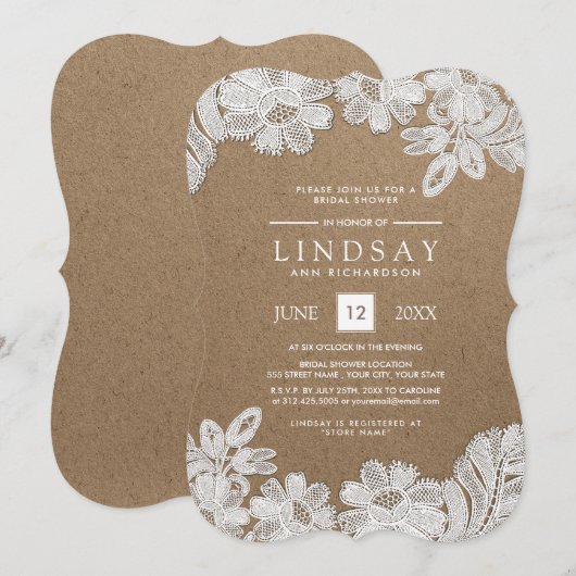 ホワイトレース |クラフト紙ブライダルシャワー招待状 招待状 (正面/裏面)