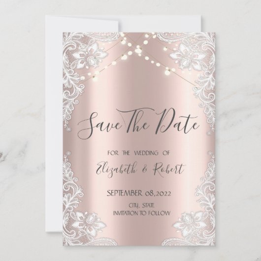 ホワイトレース、ストリングライトバラ金ゴールド日付の保存 セーブザデート (正面)