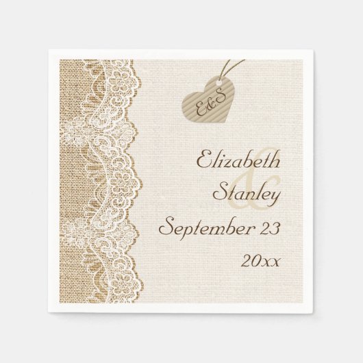 ホワイトレース&ハートのバーラップ素朴な結婚の スタンダードカクテルナプキン (正面)