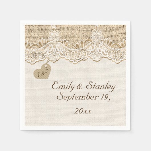 ホワイトレース&ハートのバーラップ素朴な結婚の スタンダードカクテルナプキン (正面)