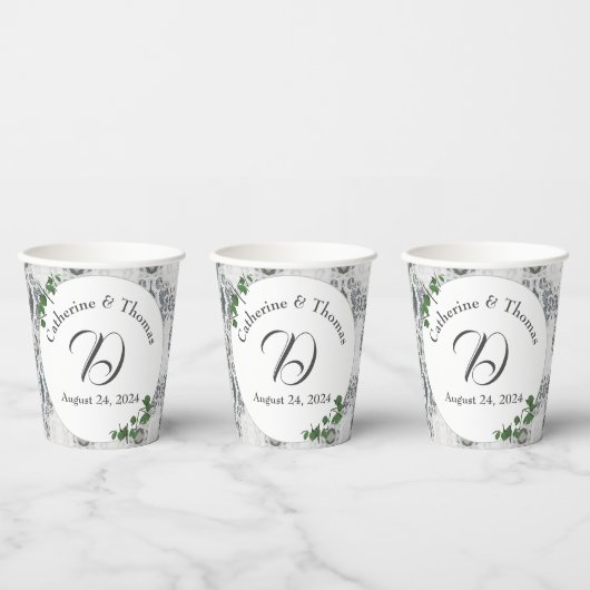 ホワイトレース&バラ葉ズ 紙コップ (複数)