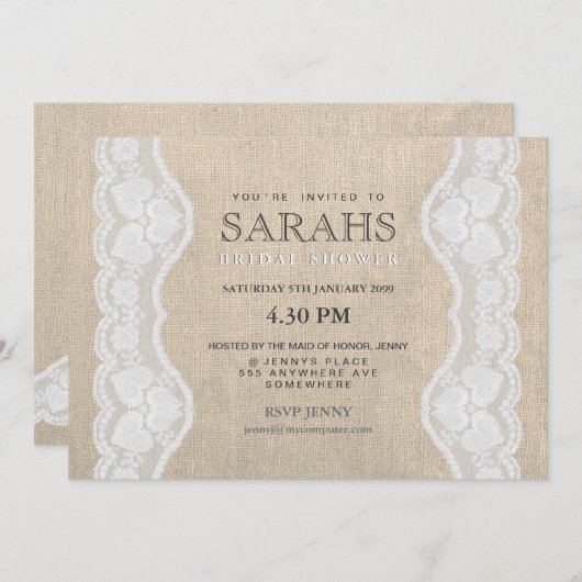 ホワイトレース&バーラップブライダルシャワーパーティー招待状 招待状 (正面/裏面)