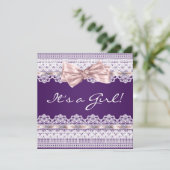 ホワイトレース ピンクリボン ガール パープル ベイビーシャワー 招待状 (スタンド正面)