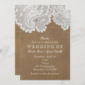 ホワイトレース&ブラウンスエードシ素朴ック結婚ズ 招待状 (正面/裏面)