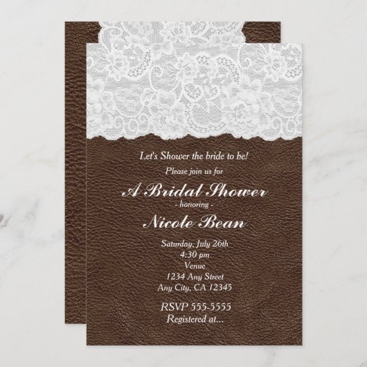 ホワイトレース&ブラウンレザー素朴ブライダルシャワー 招待状 (正面/裏面)