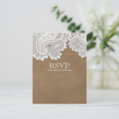 ホワイトレース＆ブラウン ラスティックエレガント ウェディング RSVP インビテーションポストカード (スタンド正面)