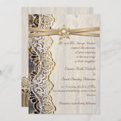 ホワイトレース、リボン、花と木結婚の 招待状 (正面/裏面)