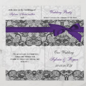 ホワイトレース、紫のリボン本の折り畳み結婚式 プログラム (正面/裏面)