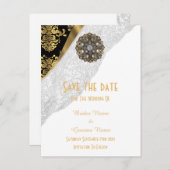 ホワイトレース、黒と金ゴールドのダマスクは日付を保存 案内ポストカード (正面/裏面)