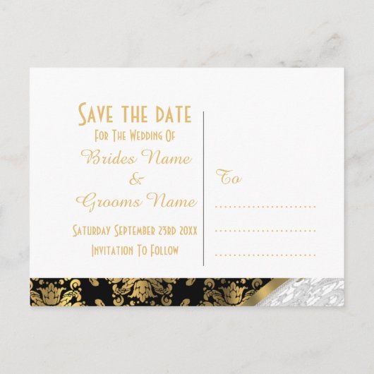 ホワイトレース、黒と金ゴールドのダマスクは日付を保存 案内ポストカード (裏面)