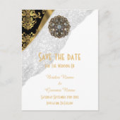 ホワイトレース、黒と金ゴールドのダマスクは日付を保存 案内ポストカード (正面)