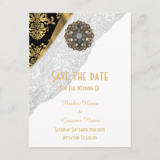 ホワイトレース、黒と金ゴールドのダマスクは日付を保存 案内ポストカード (正面)