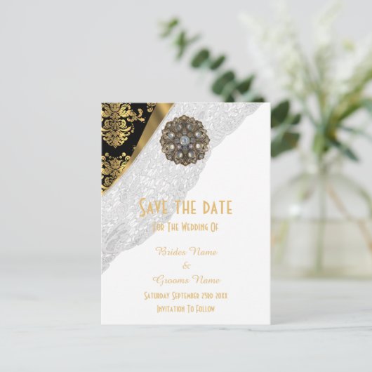 ホワイトレース、黒と金ゴールドのダマスクは日付を保存 案内ポストカード (スタンド正面)