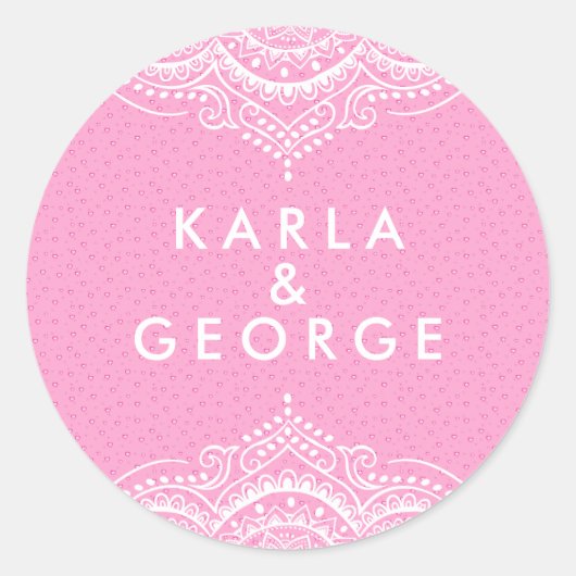 ホワイトレ華美ースとピンクのハートパターン ラウンドシール (正面)