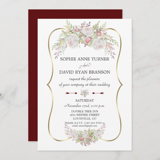 ホワイトロエレガントーズバーガンディ金ゴールドフレーム結婚ズ 招待状 (正面/裏面)