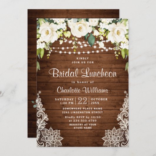 ホワイトロエレガントーズレースブライダル素朴ルンチョン 招待状 (正面/裏面)