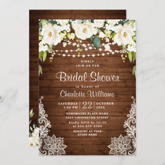 ホワイトロエレガントーズレース素朴ブライダルシャワー 招待状 (正面/裏面)