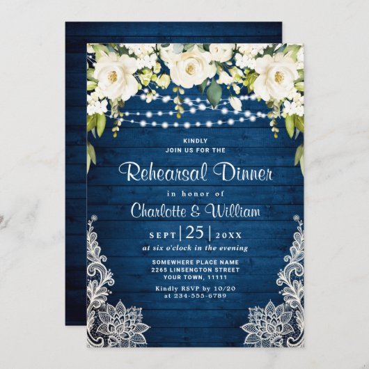 ホワイトロエレガントーズレース素朴リハーサルディナー 招待状 (正面/裏面)