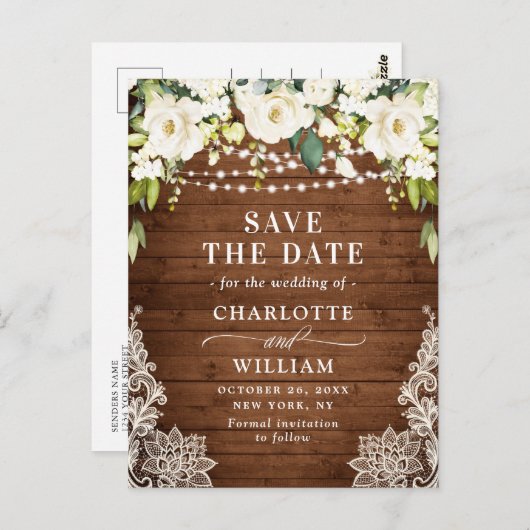 ホワイトロエレガントーズレース結婚式の日付を保存 ポストカード (正面/裏面)