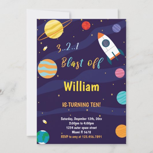 ホワイトロケット宇宙誕生日招待状 招待状 (正面)