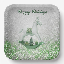 ホワイトロッキングホースグリーンクリスマスホリデー ペーパープレート