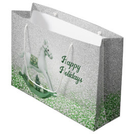 ホワイトロッキングホースグリーンクリスマスホリデー ラージペーパーバッグ