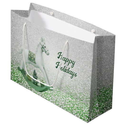 ホワイトロッキングホースグリーンクリスマスホリデー ラージペーパーバッグ (正面アングル)