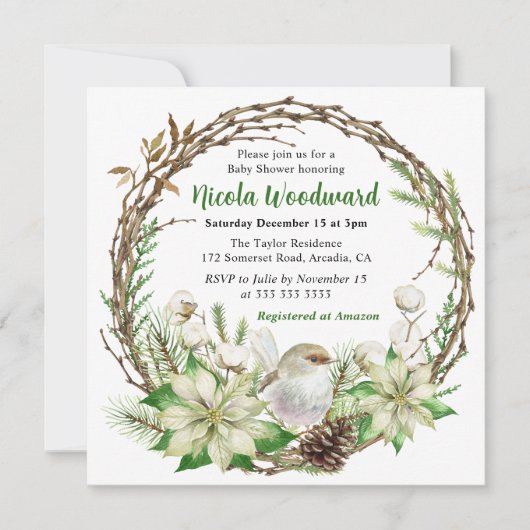 ホワイトロビン&ポインセチアリースベビーシャワー 招待状 (正面)