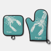 ホワイトロブスターオンティール(緑がかった色) パーソナライズされた 鍋つかみ&鍋敷きセット (正面)