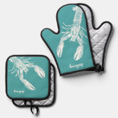 ホワイトロブスターオンティール(緑がかった色) パーソナライズされた 鍋つかみ&鍋敷きセット (正面/裏面)