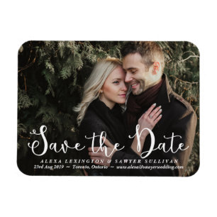 ホワイトロマンチックなスクリプト写真Save the Date Magnet マグネット