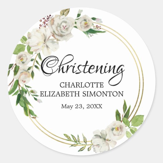 ホワイトローズおよび金ゴールド《キリスト教》洗礼式や命名式封筒用シール ラウンドシール (正面)
