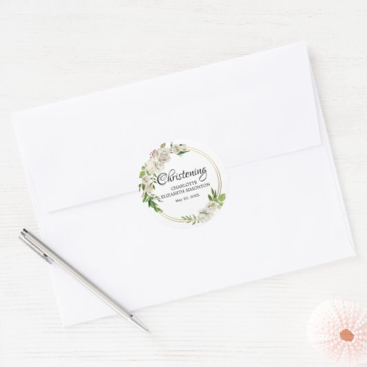 ホワイトローズおよび金ゴールド《キリスト教》洗礼式や命名式封筒用シール ラウンドシール (封筒)