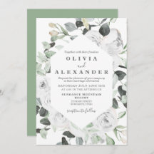 ホワイトローズとグリーンの花の結婚式招待状