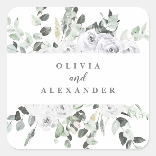 ホワイトローズと緑のフローラ結婚ズ スクエアシール (正面)